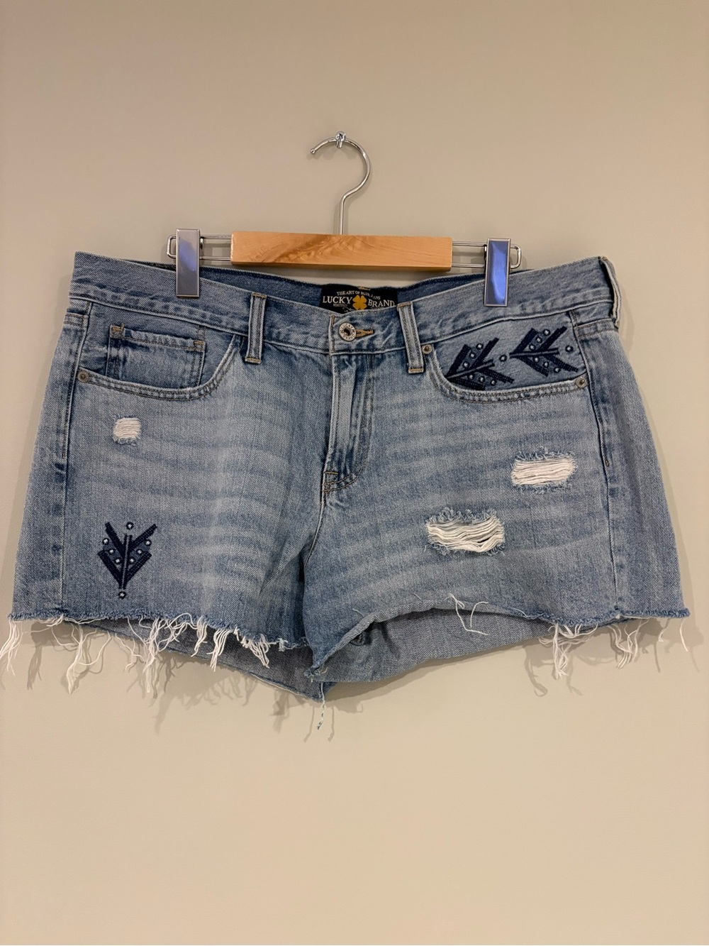 Festival Ready Boho Lucky Brand Light Blue Embroidered Distressed Denim Shorts